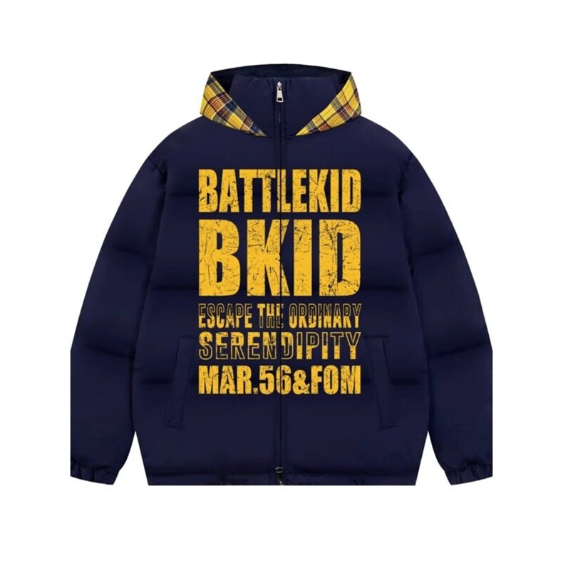 【有货】斑驳字母连帽棉服格子拼接假两棉衣外套MY762特P100,男装棉衣,星座908-1
