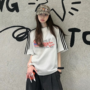 抖音得物高品质二开240克宽松纯棉美式潮牌三条杠织带短袖T恤图片