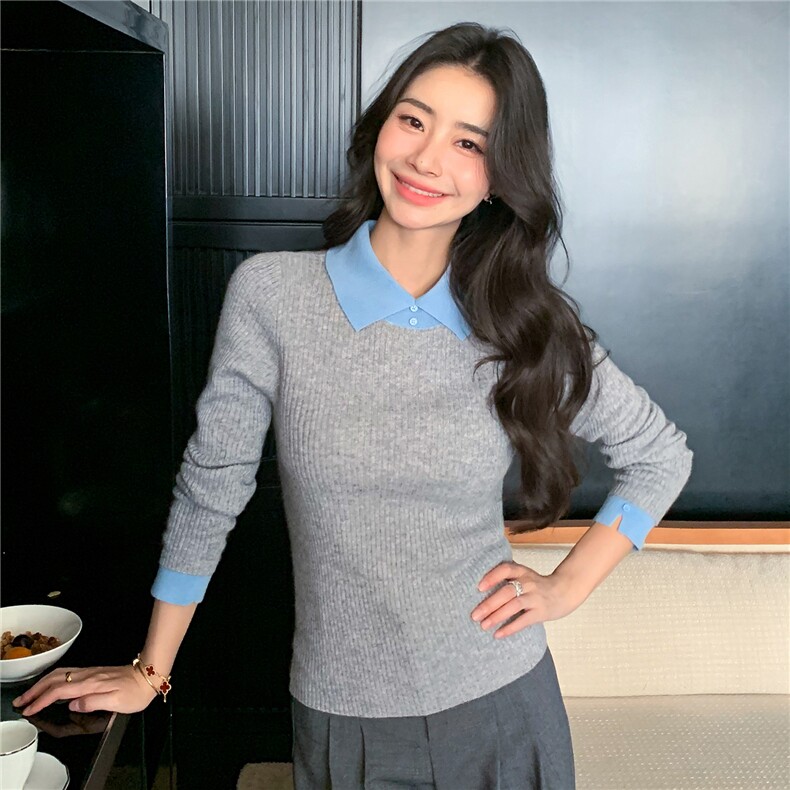 2025秋冬百搭时尚简约拼色翻领羊绒衫,女装羊绒衫,玛卡隆羊绒