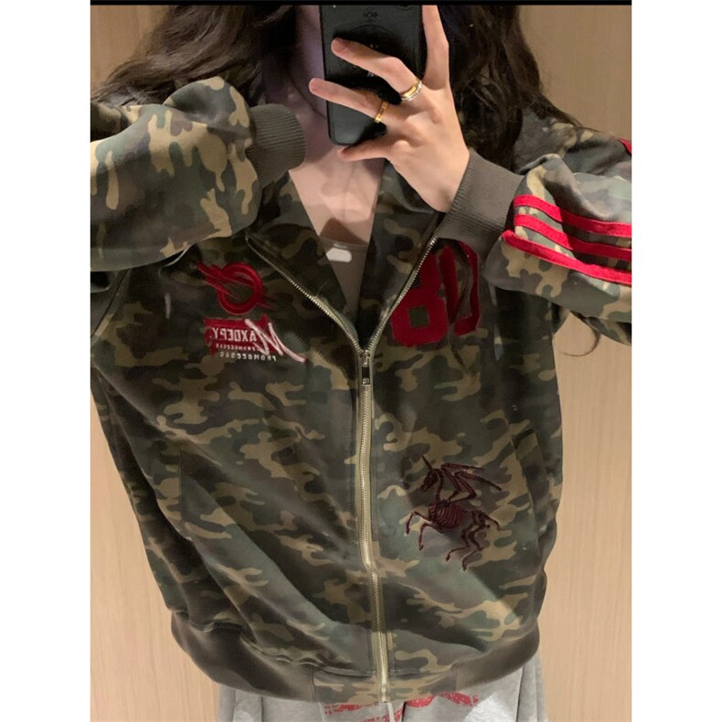 美式复古迷彩刺绣开衫连帽卫衣2025新款春秋宽松休闲情侣装外套，女装短外套，星座601-1