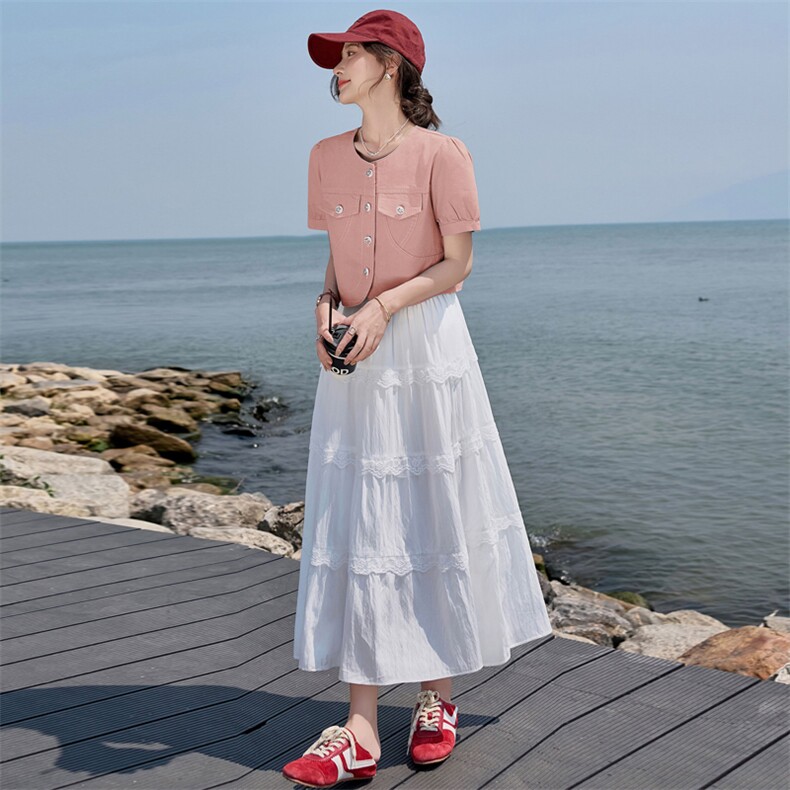 2025年夏新品现货度假风吊带蕾丝花边连衣裙+牛仔短袖两件套,女装连衣裙,臻衣坊