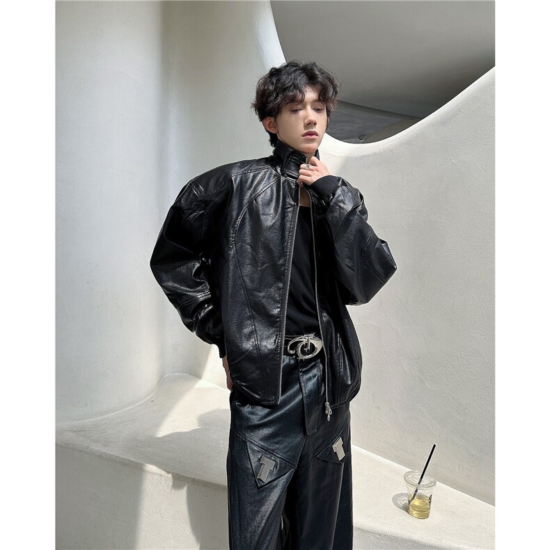 2024小众设计感pu皮立领垫肩机车服夹克PY144-P73图片
