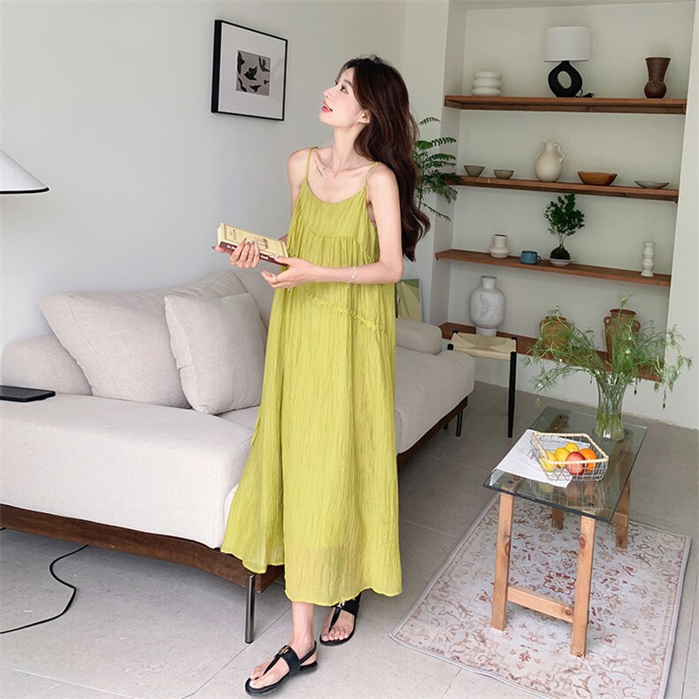 现货新款黄绿色肌理感面料吊带连衣裙RF058-X8601-P105-K158,女装连衣裙,2C058