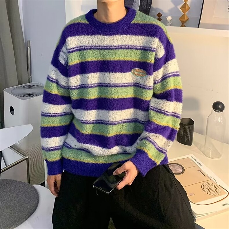 美式圆领毛衣男慵懒风休闲针织衫条纹毛衣M120P55,男装针织衫/毛衣,星座1116-2