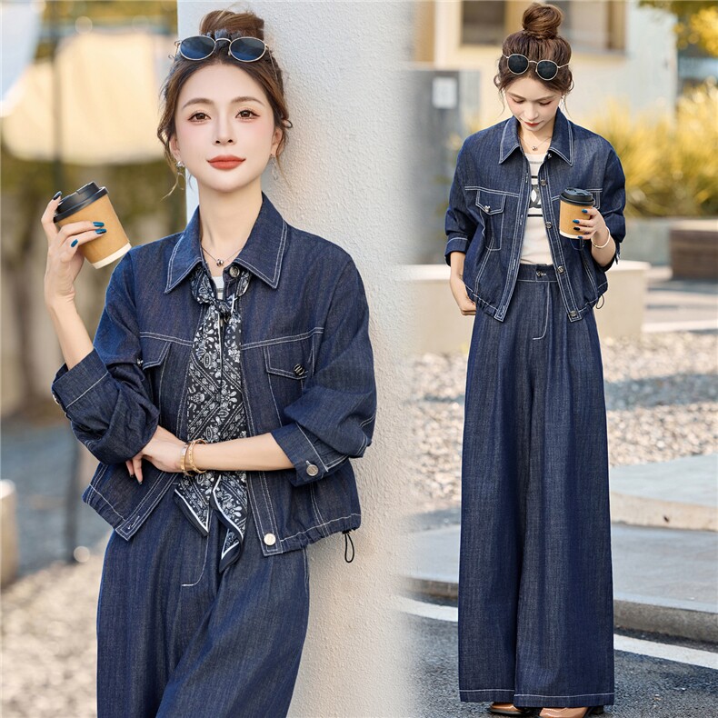 2026年春季新款时尚丝巾牛仔阔腿裤两件套套装，女装套装/套裙，奕薇雅