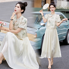 现货退货退现改良旗袍连衣裙两件套装女夏新中式年轻高端高贵优雅，女装套装/套裙，韩然一族