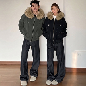 现货重磅boxy短款棉衣座山雕大毛毛领男女棉服水洗工装厚外套图片