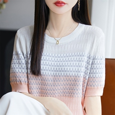 时尚渐变短袖t恤女夏季2025新款打底衫洋气大码女装冰丝针织上衣，女装T恤，皓宇羊绒
