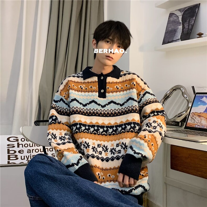 针织衫男韩版潮流拼色复古帅气2024冬季新款ins宽松毛衣MZ066-P58,男装针织衫/毛衣,星座412-3