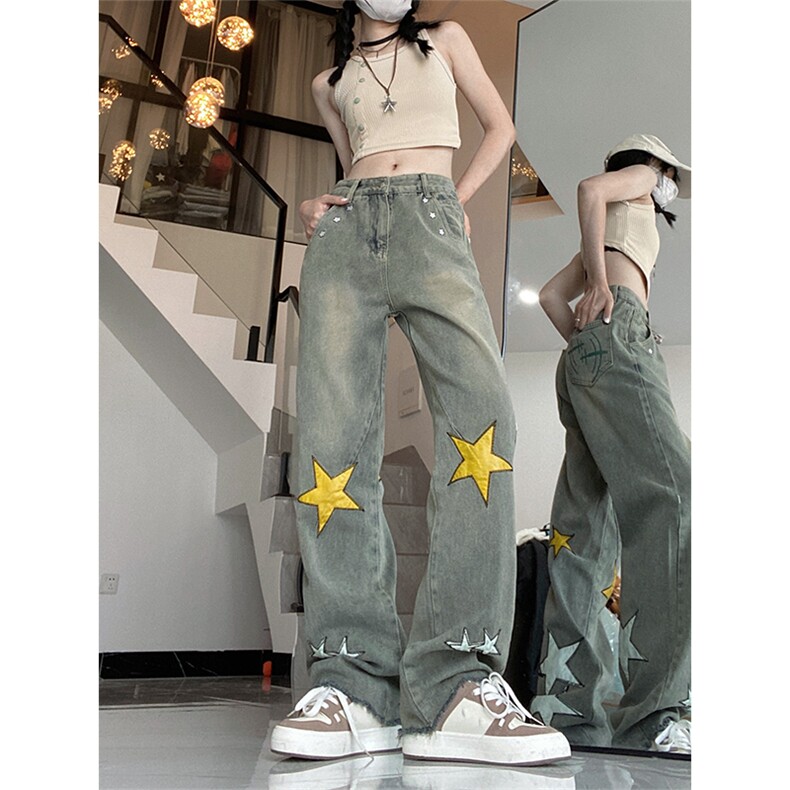 2502大码胖MMvibe星星刺绣复古高腰直筒毛边牛仔裤女P58，男装牛仔裤，星座309B-2