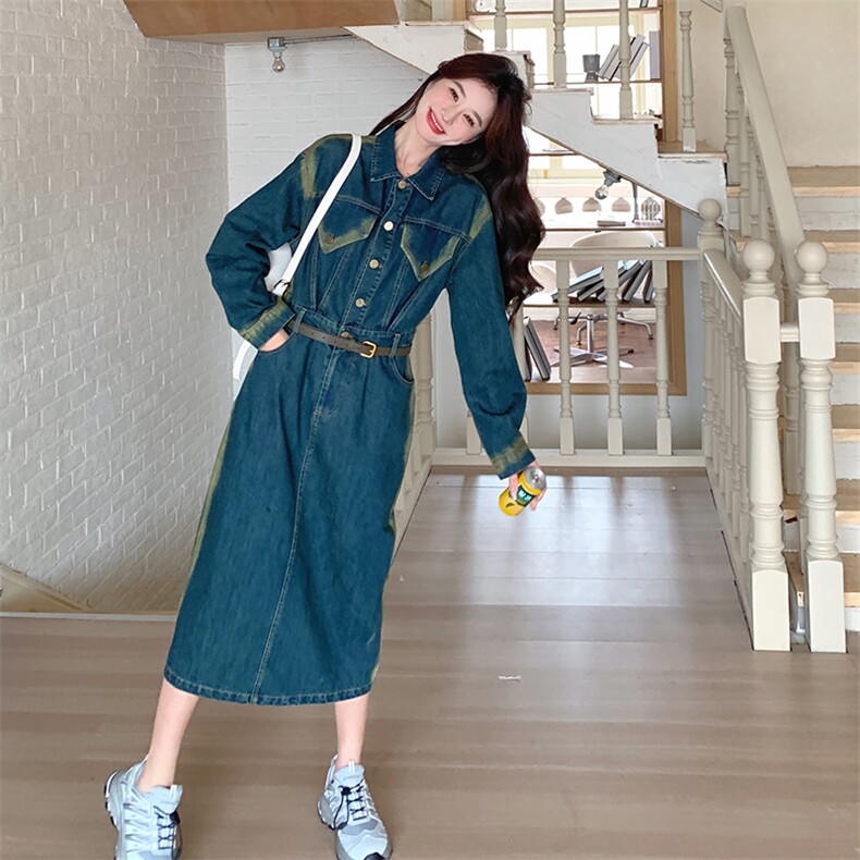拼接牛仔连衣裙女2024春季新款小个子修身裙子衬衫裙,女装连衣裙,点滴