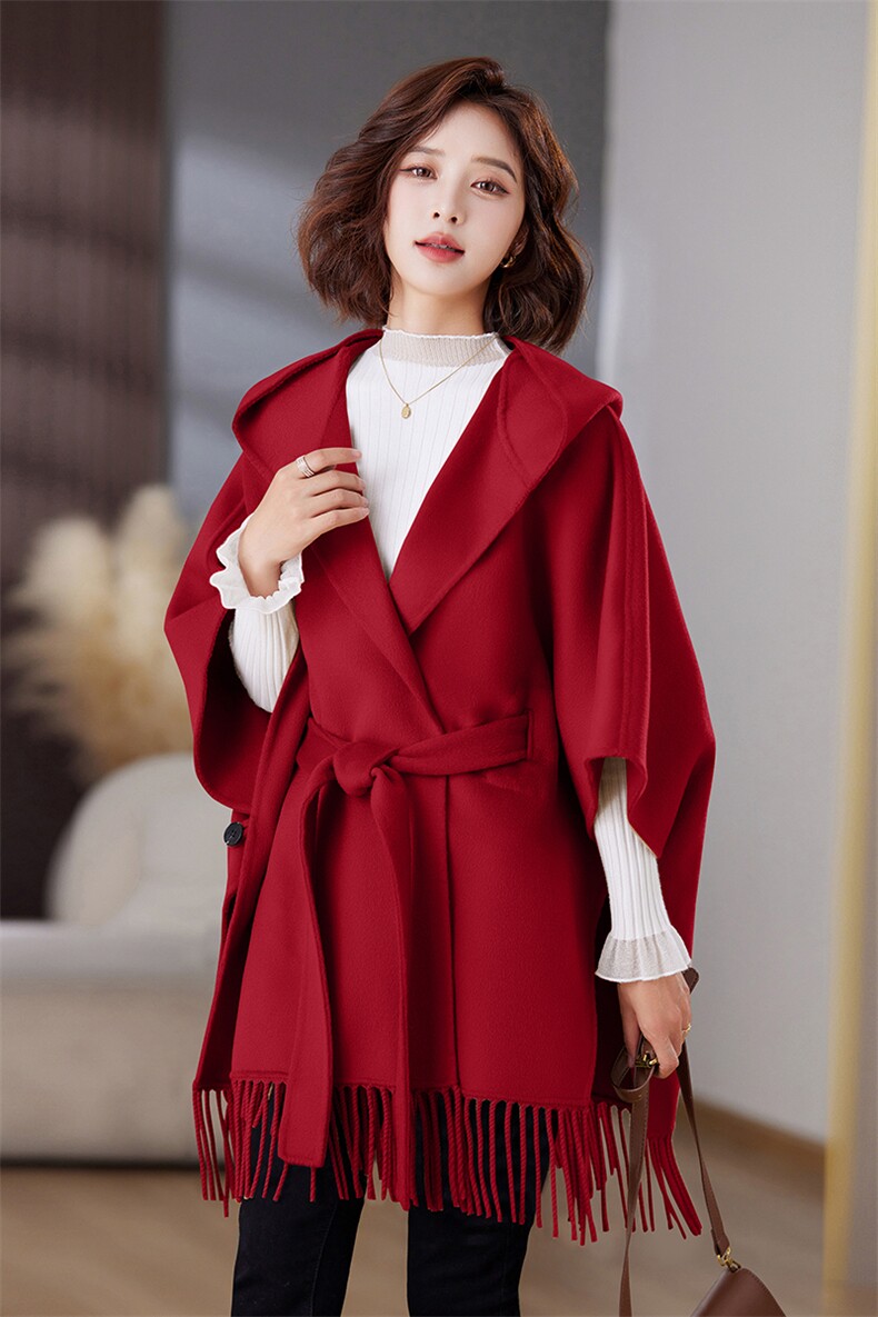 2024秋冬时尚新款洋气蝙蝠大版系带连帽100%羊毛双面呢大衣外套,女装双面呢大衣,媚琳依坊