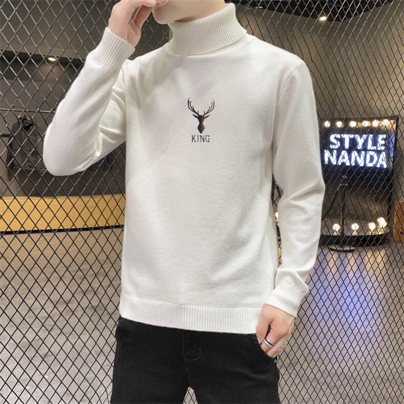 秋冬可翻高领毛衣男鹿头纯色长袖男刺绣毛衫打底针织衫白M255P33，男装针织衫/毛衣，星座1207