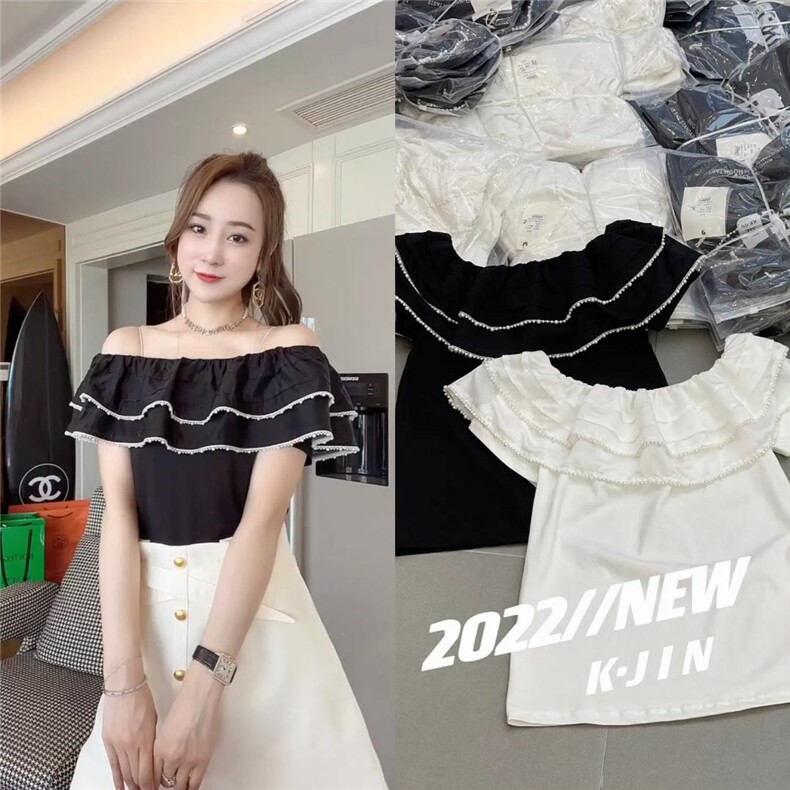 夏季珍珠一字肩上衣，其它，可金