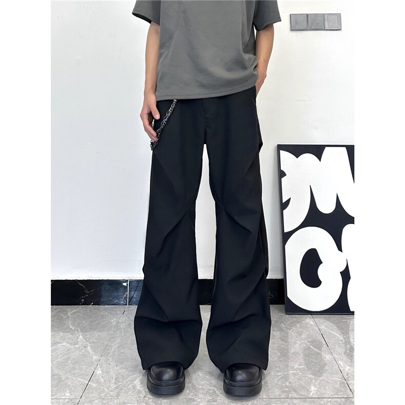 美式复古褶皱阔腿拖地裤夏季宽松微喇垂感休闲裤潮牌黑色西裤长裤图片