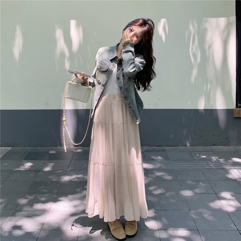 港风复古牛仔外套套装女2025秋季新款小众设计感高腰半身裙两件套,女装套装/套裙,2C168