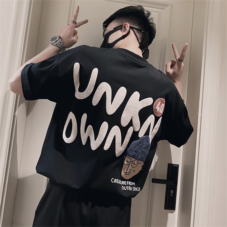 TX70/P48控68夏季社会小伙韩版拔印字母人物印花短袖T恤男黑首1,男装T恤,星座305B