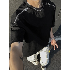 痞帅高街拉链装饰短袖男夏季设计感小领口半截袖cleanfitT恤内搭，男装T恤，电商A486