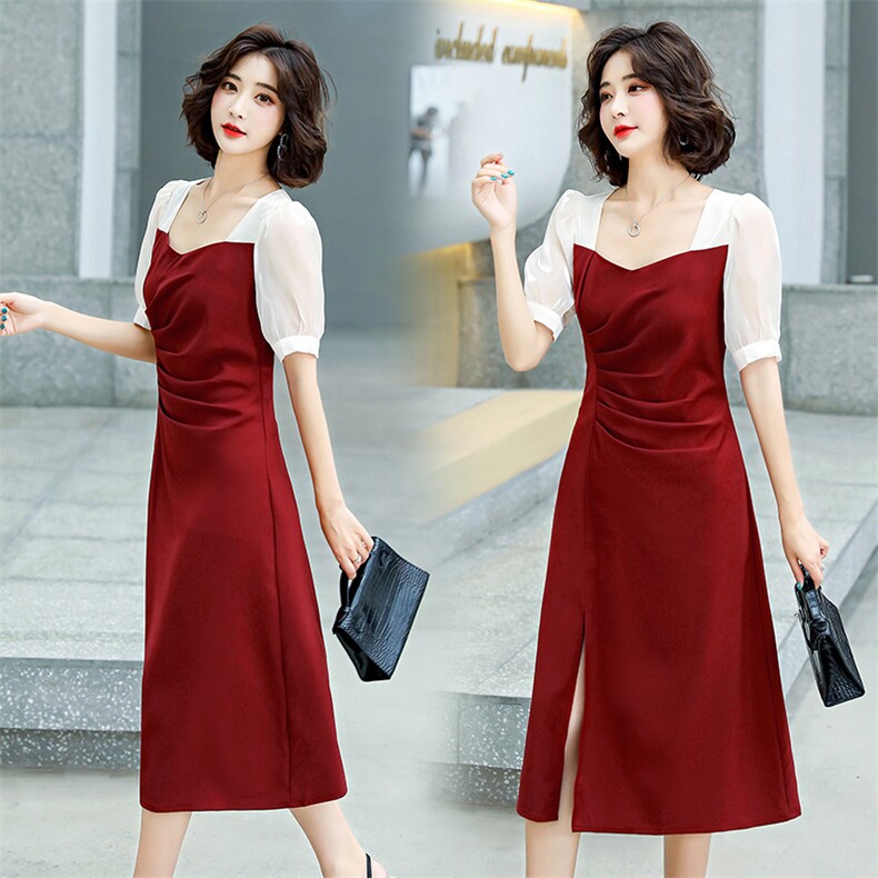 2021年夏季新款气质修身显瘦方领短袖中长款开叉拼色连衣裙，女装连衣裙，盈茜