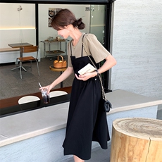 黑色赫本风法式两件连衣裙女2025夏新款小个子宽松收腰显瘦初恋裙，女装连衣裙，2C129