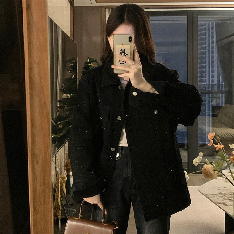 新款满天星满钻牛仔外套女带钻重工满钻垫肩上衣潮 C646-98图片