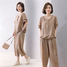 现货2025夏季新款时尚气质天丝提花套装两件套，女装套装/套裙，深水步