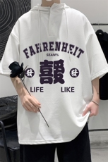 LD54256-P45连帽短袖t恤男大码胖子带帽五分袖中袖大皂风，男装T恤，电商A040