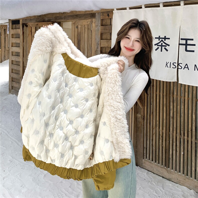 现货！羊羔毛拼接加厚90绒南瓜色羽绒服2C056-7100-P285控428,女装羽绒服,2C056