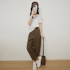 100纯棉针织短袖T恤衫女2025新款圆领套头洋气小清新拼色t恤上衣，女装针织衫/毛衣，佰旭羊绒