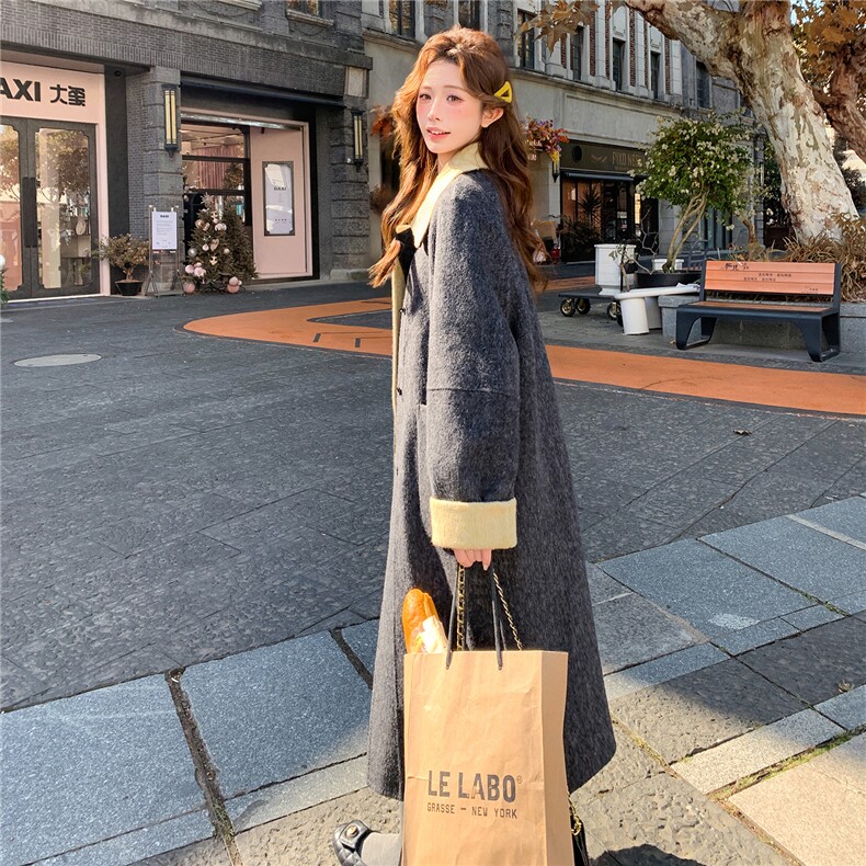 灰色复古围巾双面羊毛大衣女2025冬季新款韩系慵懒风长款毛呢外套,女装羊绒大衣,2B109