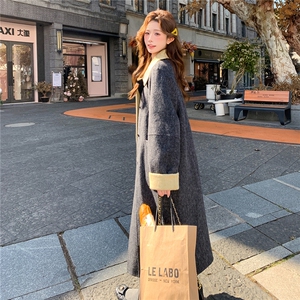 灰色复古围巾双面羊毛大衣女2025冬季新款韩系慵懒风长款毛呢外套图片