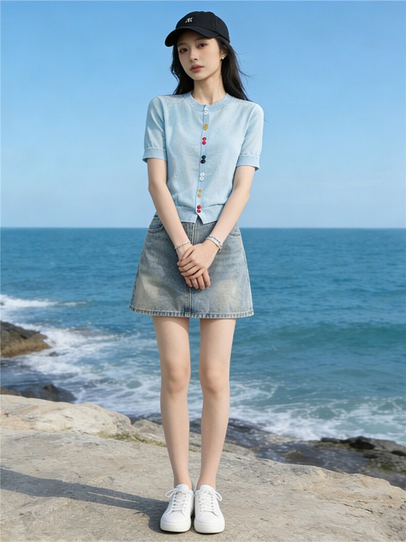 欧货时尚设计感套装女夏新款圆领彩色纽扣针织衫短袖牛仔裙两件套,女装套装/套裙,江南