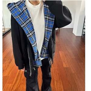 美式复古格子拼接连帽卫衣男女秋季新款薄款外套宽松慵懒风开衫图片