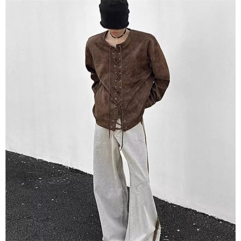 美式复古棕色抽绳对襟皮衣外套男春秋季夹克小众痞帅上衣服,男装夹克,星座506A