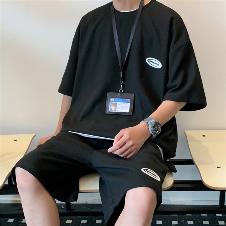 TZ65556/P40华夫格夏季宽松贴标套装男T恤短裤两件套大码港风控78，男装休闲套装，电商A141