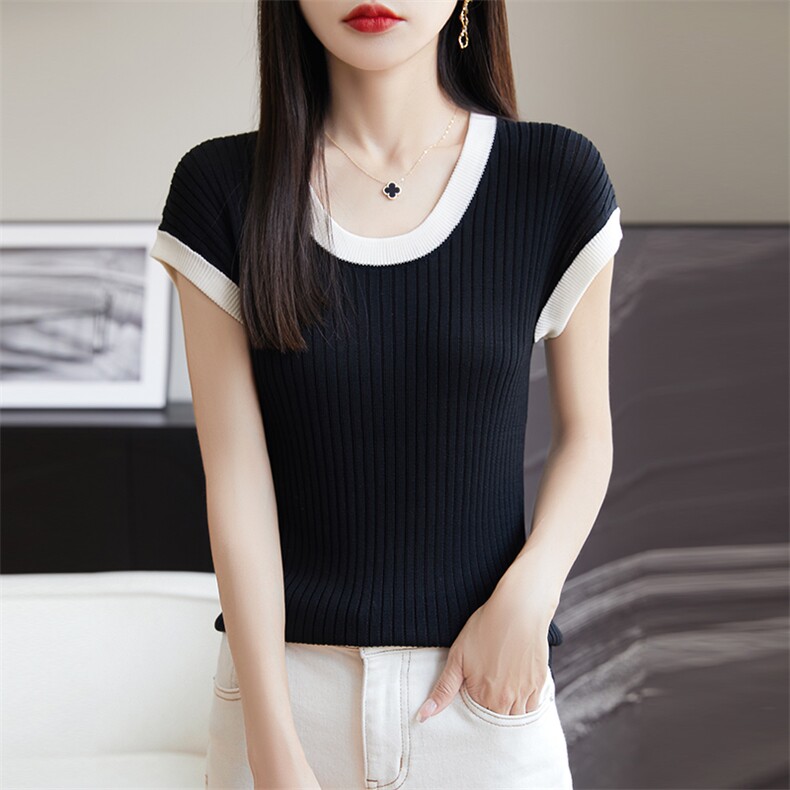 冰丝针织短袖t恤女2024新款爆款夏季薄款修身莱赛尔天丝小衫上衣图片