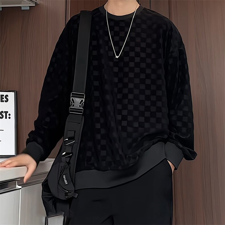 S5020/特P32春装新款棋盘格套头卫衣男潮宽松百搭长袖T恤外套,男装T恤,电商A141
