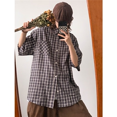格子衬衫男2024新款美式短袖潮牌情侣衬衣C0204-P40，男装衬衫，星座308B-2