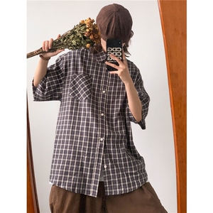 格子衬衫男2024新款美式短袖潮牌情侣衬衣C0204-P40图片