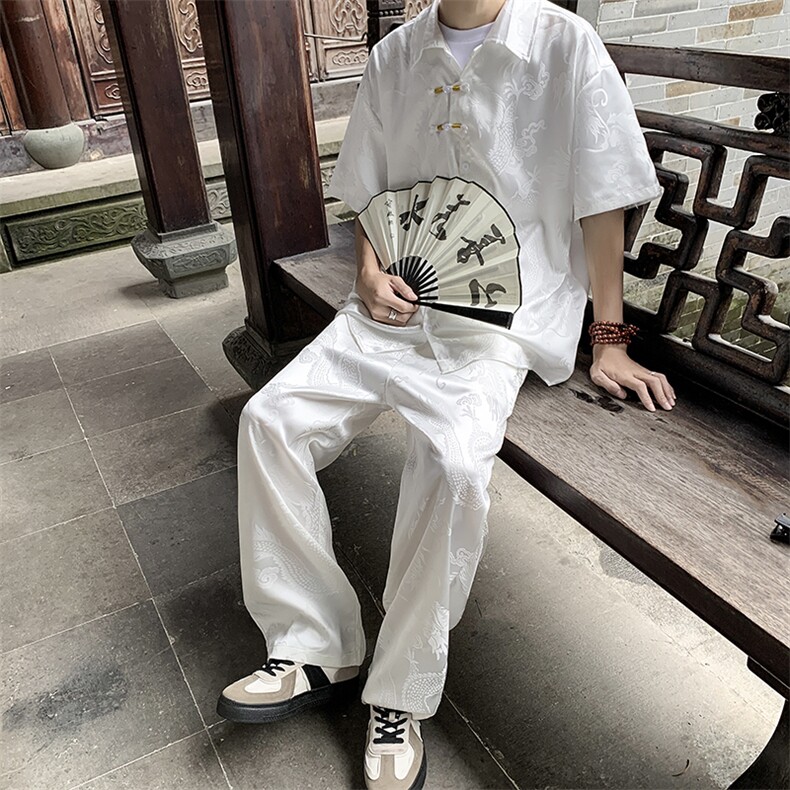 风夏男套装男龙纹衬衫短袖衬衫长裤唐装TZ60P70,男装衬衫,星座1013-1