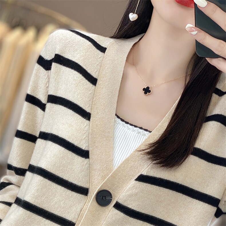 2024秋季新款懒人式香风条纹羊毛开衫休闲百搭，女装羊毛衫，优麦羊绒（原洪叶羊绒）
