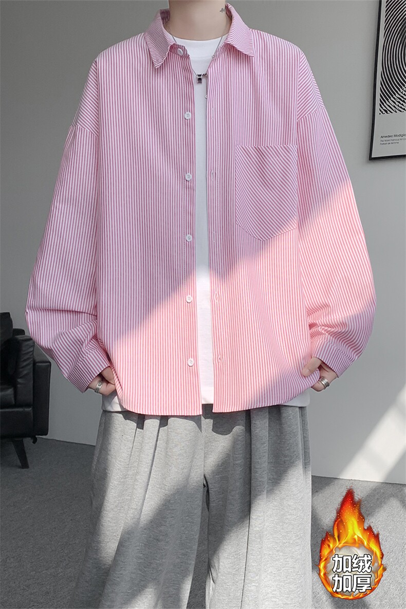 加绒衬衫男冬季新款港风宽松条纹加厚保暖长袖衬衣JR89-P39,男装衬衫,星座214-3