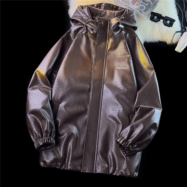 平铺连帽鳄鱼纹PU皮衣大码M-5XL情侣休闲冲锋衣夹克男JK8744P90控，男装皮衣，星座227-7