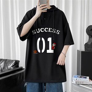 LD54205-P45连帽短袖t恤男大码胖子带帽五分袖中袖,带斗篷衣服怎么搭配图片
