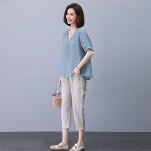 棉麻衬衫女夏2025新款高端大码宽松苎麻小衫中年妈妈短袖亚麻上衣图片