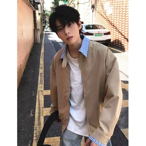 假两件哈灵顿夹克男秋季复古格子拼接上衣短款廓形外套 JK902图片