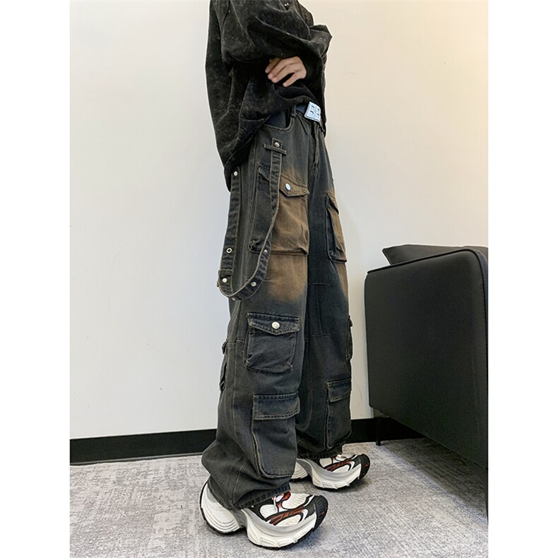 美式复古水洗多口袋工装牛仔裤男女同款宽松休闲百搭阔腿裤,男装牛仔裤,星座410-6（原星座1304-1）