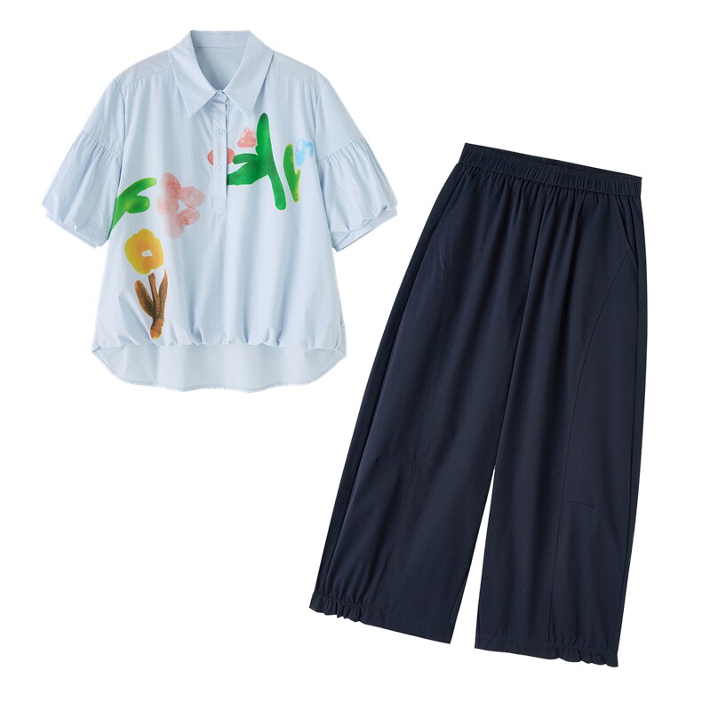 2026年夏季新款时尚水墨印花衬衫裤子两件套,女装套装/套裙,依路服饰