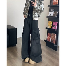 美式黑色工装阔腿牛仔裤男女设计感高腰宽松显瘦直筒拖地裤子，男装牛仔裤，星座601-1