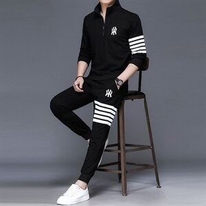 男士刺绣卫衣套装春秋季两件套翻领套头商务休闲服中年运动套装图片